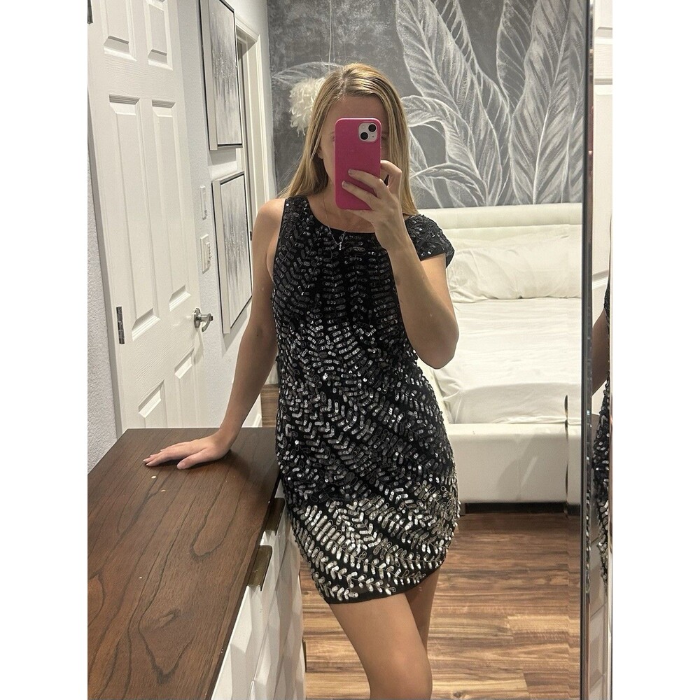 Alice + Olivia Black Sequin Silk Dress Size S Medium  Assymetric Sleeves
